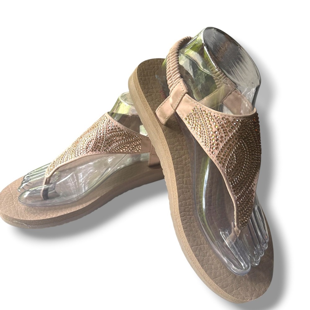 Skechers Yoga Foam Rose Gold Rhinestone Slingback Thong Sandals Womens 113115